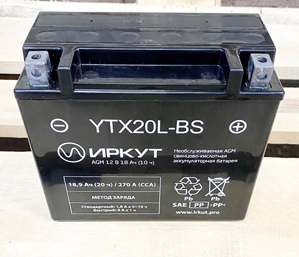 Аккумулятор мото 18 Ач AGM ИРКУТ /  YTX20L-BS активированный