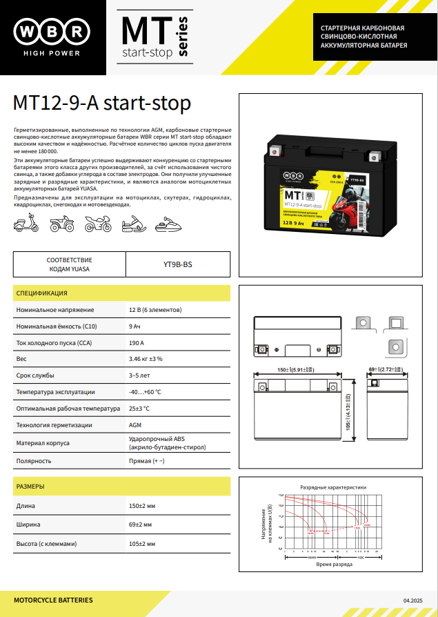 Аккумулятор WBR MT12-9-А Start-Stop вид спереди